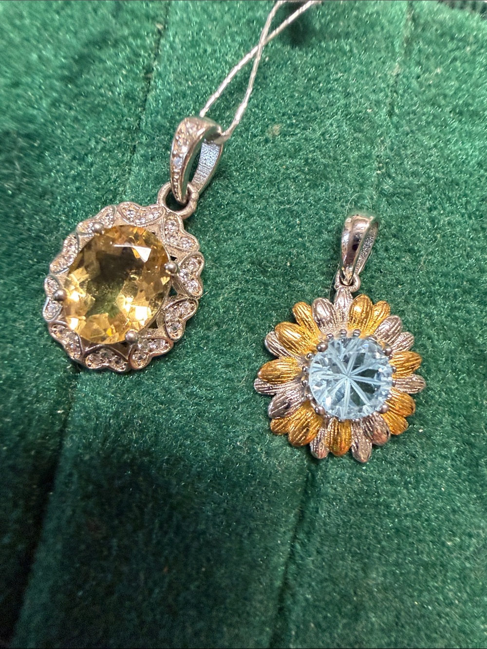 Elegant Two-Tone Sunflower 2 piece Pendant with Light Blue Gem - Women Jewelry